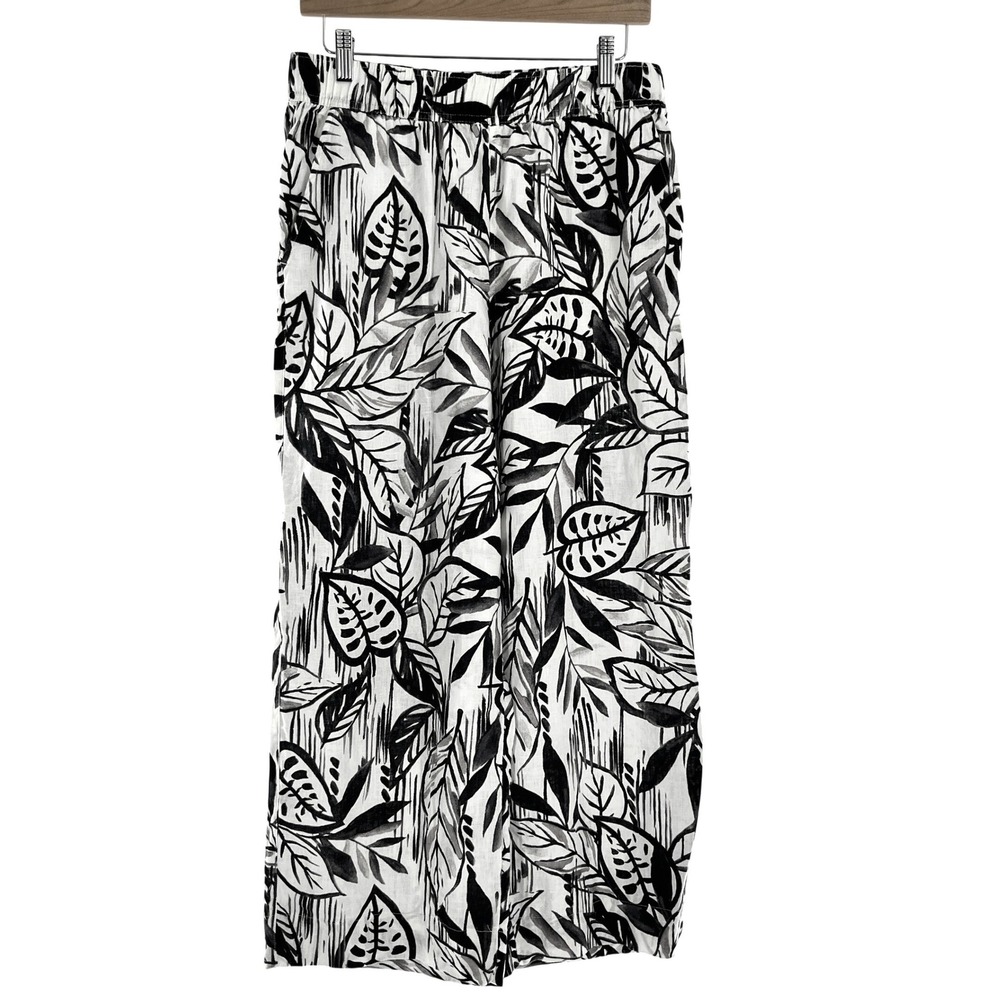 Tahari Linen Wide Leg Ankle Pull On Pants Leaf Print Black White Gray Medium